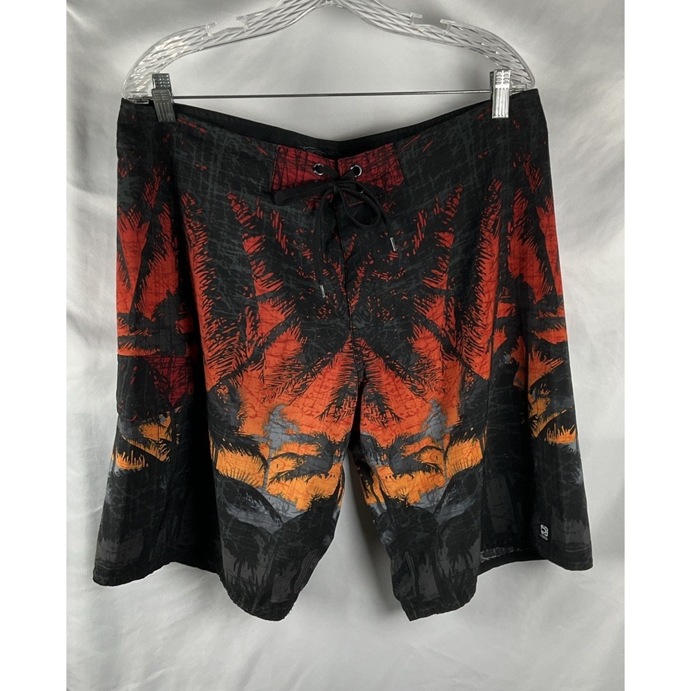 Distortion Men's Size XL Black Orange Americana Palm Sunset Swim Board Shorts